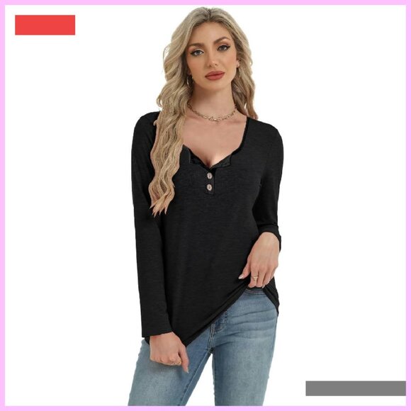 Long Sleeve Henley Top Loose Fit Casual Tee Women's Fall Fashion - Picture 2 of 4